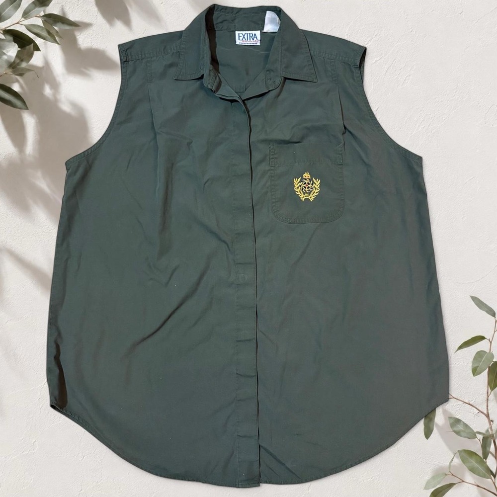 Extra Elements Vintage Sleeveless Button Up Shirt Green Embroidered Crest Y2K
